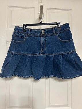 Wild Fable Cotton Flared Dark Blue Denim Skater Skirt with Pleated Hem Size 16